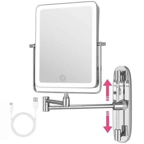 Wall Mounted Lighted Makeup Mirror, Rectangle Double Sided 1X/7X Magnifying Bathroom Height Adjustable Mirror, Rechargeable 3 Color and Dimmable Lights, Extended Arm 360 Rotation Shaving Vanity Mirror