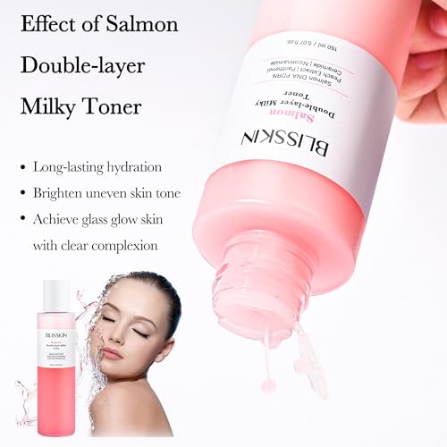 Salmon Double-Layer Milky Toner, Low-Irritation Double Layer Toner for Glass Glow Skin with Peptide, Even Skin Tone, Radiance, Hydration, 150ml