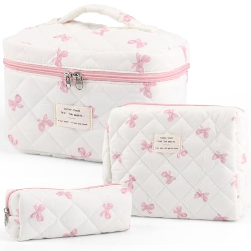 Quilted Floral Makeup Bag Set for Women - 3 Sizes, Travel Organizer