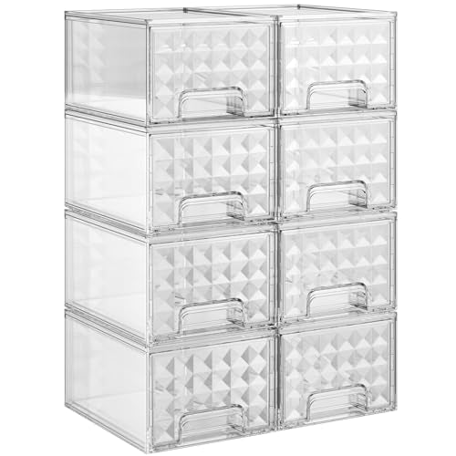 Delamu 8 Pack Stackable Storage Drawers, Makeup Skincare Holder Vanity Storage Organizer, Plastic Drawers For Vanity Desk, Undersink, Kitchen Cabinet, Pantry, Clear, Ideal Christmas Gifts for Girls