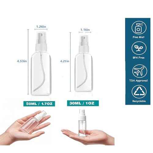 Small Spray Bottle, Clear Empty Mini Travel Plastic Bottle. Premium spray bottles for perfumes and cosmetics. 2 * 1oz, 2 * 1.7oz. (4 Pack)