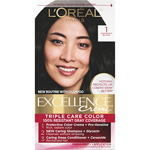 L'Oreal Paris Excellence Creme Permanent Triple Care Hair Color, 1 Black, Gray Coverage For Up to 8 Weeks, All Hair Types, Pack of 1