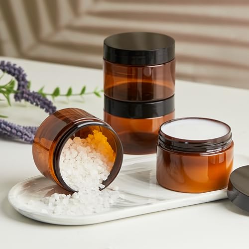 TUZAZO 4oz Amber Plastic Cosmetic Jars Leak-Proof Pack of 6 with Lids & Labels