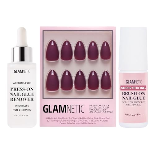 Glamnetic Press-On Nails - Merlot | Super Strong Brush On Nail Glue & Press-On Nail Remover | Matte Short Almond Dark Red Nails with Glossy French Tips | 15 Sizes - 30 Nail Kit with Glue and Remover