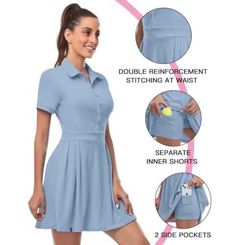 Soneven Women Polo Golf Tennis Dress Built in Shorts Short Sleeve Workout Athletic Pleated Dresses with Pockets