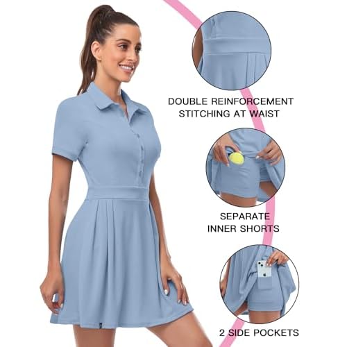 Soneven Women Polo Golf Tennis Dress Built in Shorts Short Sleeve Workout Athletic Pleated Dresses with Pockets
