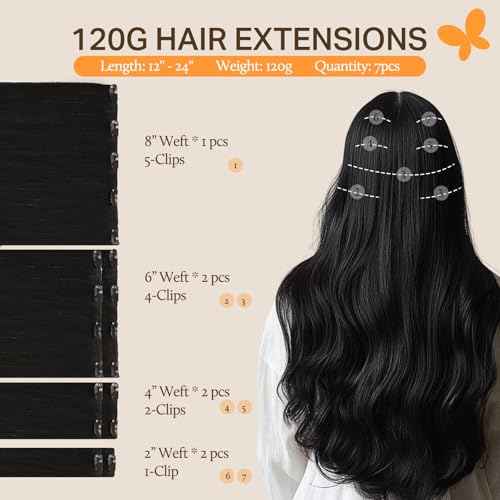 DOORES Clip in Hair Extensions, Jet Black 14 Inch 7pcs 120g, Thick Remy Human Hair Extensions Clip in Real Natural Straight