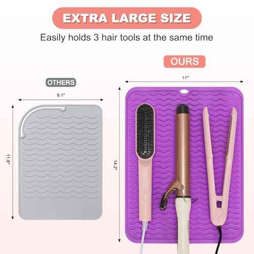 Oversize Silicone Heat Resistant Mat for Curling Irons, Hair Straighteners, Flat Irons and Hot Hair Styling Tools, Portable Wrap Pad Cover for Vanity, Travel, Salon(14.2" x 11.0")