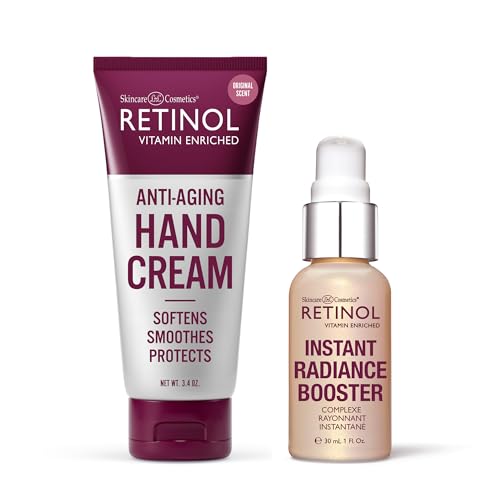 Retinol Anti-Aging Hand Cream - Conditions & Protects Skin, Nails & Cuticles + Retinol Instant Radiance Booster - Provides A Burst of Anti-Aging Hydration and Luminosity