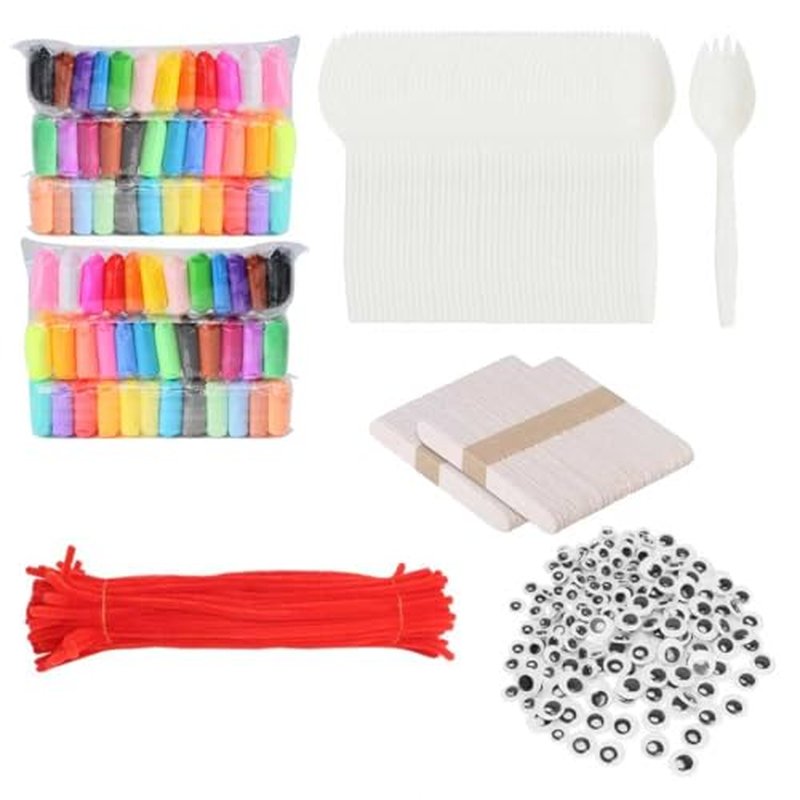 100 Pcs Fork Craft Kit with Clay, Googly Eyes & Popsicle Sticks