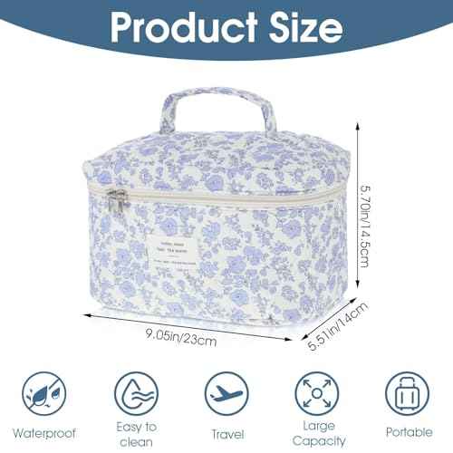 Large Makeup Bag, Cute Quilted Makeup Bag for Women, Travel Cotton Make Up Organizer Bag, Floral Coquette Aesthetic Toiletry Bag, Gift For Daughter, Preppy Things For Girls