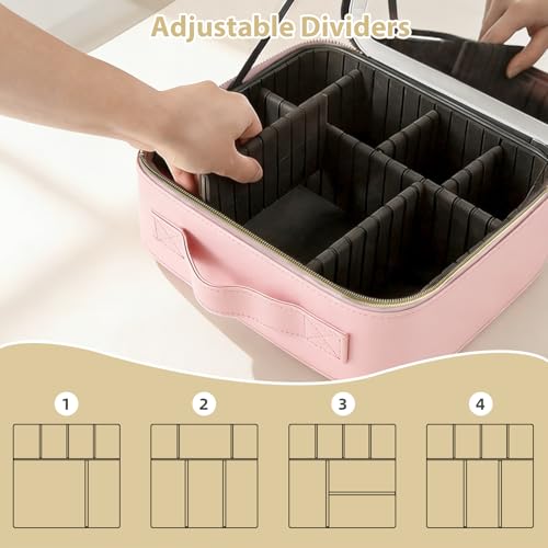 Travel Makeup Bag with Lighted Mirror, Adjustable Partition Makeup Travel Case, Adjustable Brightness in 3-Color Scene, Waterproof Makeup Train Case, Luminous Makeup Bag with Detachable Mirror, Pink