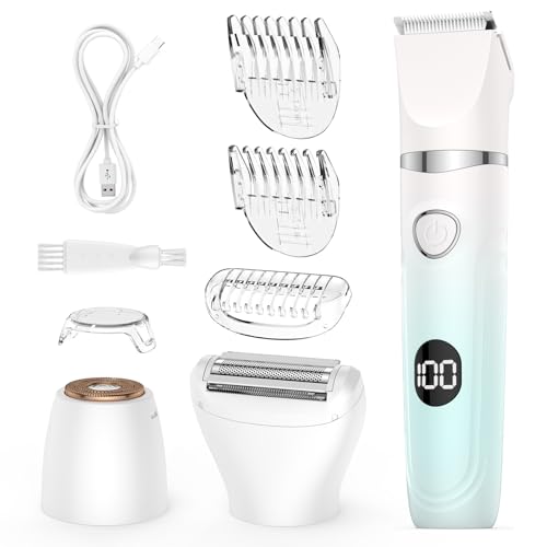 Bikini Trimmer for Women,3-in-1 Electric Shaver for Women,Rechargeable Painless Pubic&Facial Razor for Sensitive Skin,Lip,Arms,Legs with LED Display (Gradient Green)