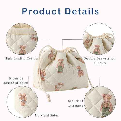 Cotton Quilted Drawstring Makeup Bag with Canvas Lining,Coquette Aesthetic Cute Travel Toiletry Bag,Drawstring Gift Bag for Women and Girls£¨04White Bear£©