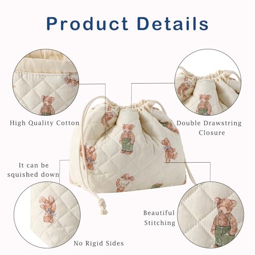 Quilted Cotton Drawstring Makeup Bag with Canvas Lining