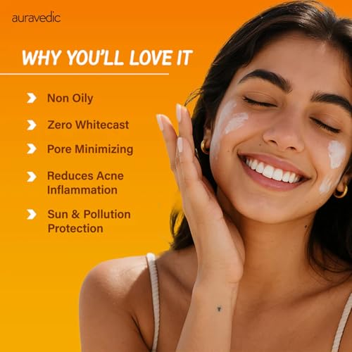 Auravedic Acne Calming Sunscreen SPF 50 PA++++ | Oil-Free Broad Spectrum UVA/UVB Face Sunscreen with 5% Niacinamide & 2% Salicylic Acid | For Oily & Acne-Prone Skin | 2.12 Oz (60g)