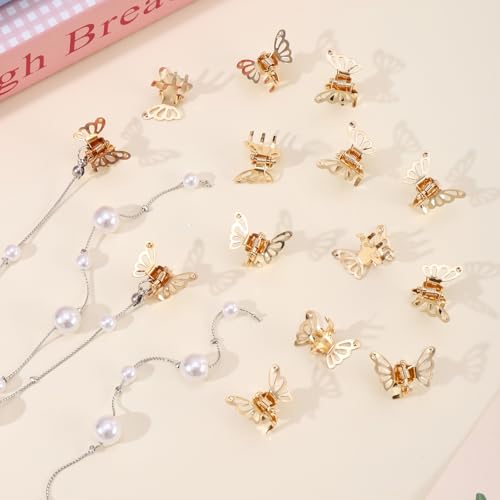 LifeDawn 14Pcs Butterfly Hair Clips for Women Girls,Small Butterfly Hair Clips Gold Tassel Butterfly Hair Clips with Pearl Mini Metal Butterfly Hair Clips Christmas Hair Accessories for Women,Gold