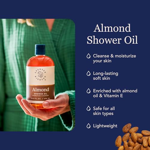 Spenser & Jensen Hydrating Almond Shower Oil - Body Wash for All Skin Types - Almond Oil Shower Gel for Women and Men - Rich in Vitamin E Oil - Sulfate Free - 16.8 Oz (Pack of 1)