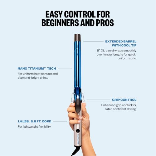 BaBylissPRO Nano Titanium 1-Inch Long Barrel Curling Iron Blue - Professional Hair Styler