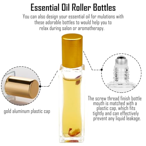 Gold 25 Pcs 10ml Square Glass Essential Oil Roller Bottles Set with Stainless Steel Balls