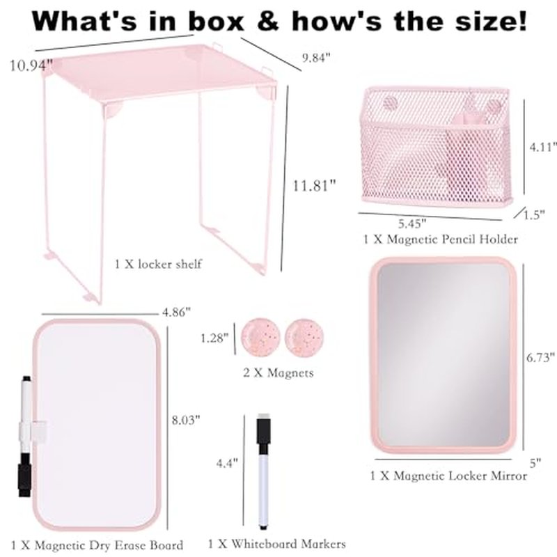7-Piece Pink Locker Organizer Set with Shelf & Magnetic Accessories