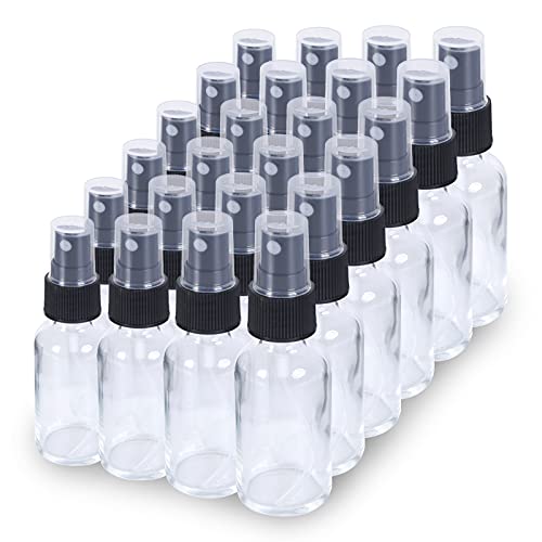 2oz Glass Spray Bottle, Fine Mist Boston Glass Bottles with Black Fine Mist Sprayer Small Clear Bottles for Essential Oils, Bath, Beauty, Hair & Cleaning, Clear, Pack of 24
