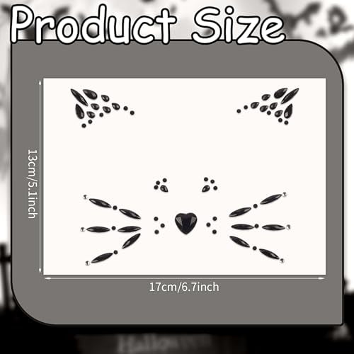 Black Cat Face Gems, Pink Cat Print Jewels, Face Crystal Jewels, Fake Cat Lash Gems Tattoo Eye Stick on for Men, Women, Kids, Halloween Prank Makeup Costume