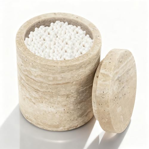 Natural Marble Cotton Swab Holder with Lid, Bathroom Organizer