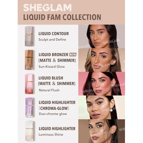 SHEGLAM Liquid Family Liquid Blush-Love Cake Liquid Contour-Soft Tan Liquid Bronzer-Toffee