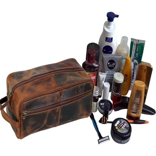 jaald Men's Genuine Brown Leather Toiletry Bag Shaving Bags And Grooming For Travel Groomsmen Gift Men Women Hanging Zippered Makeup Bathroom Cosmetic Pouch Case Make Up kit