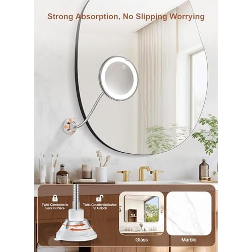 Brightown 10x Magnifying Mirror with Light,Flexible Gooseneck Make up Mirror with Lights and Magnification, Battery Operated with Suction Cups for Wall Bathroom Silver 3 Lighting