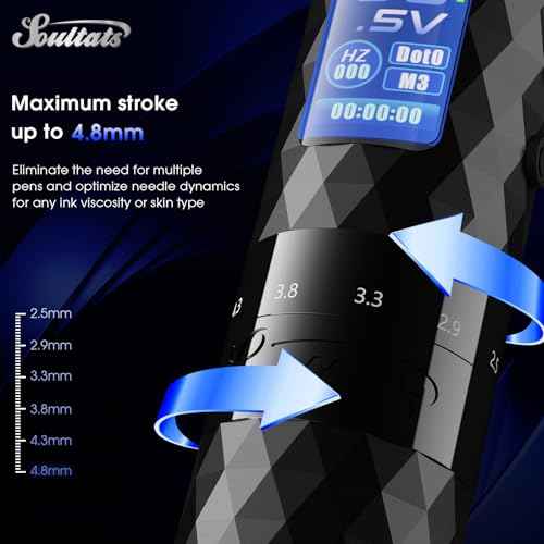 EZ Tattoo Gun - 6 Strokes 2.5-4.8mm Tattoo Machine Pen with Extra OLED Digital Display 1600mAh Battery Power Rotary Tattoo Gun for Beginners and Artists (Soultats Pro Black)