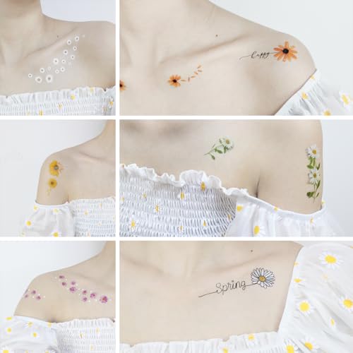 Temporary Tattoo Stickers for Women - 15 Sheets Daisy Flower Design