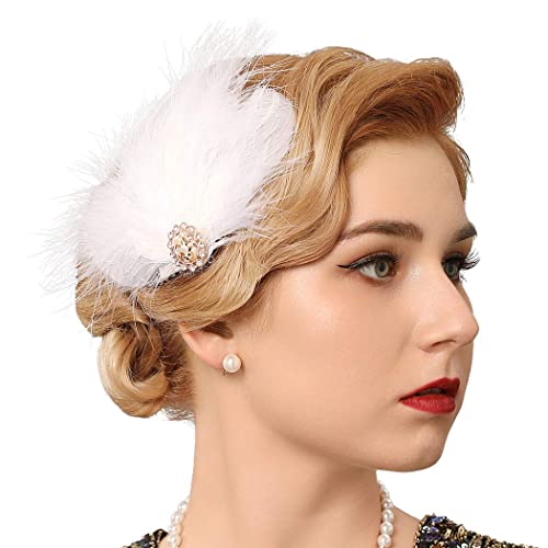 GENBREE 1920s Flapper Headband White Feather Hair Clip Rhinestone Headpiece Prom Party Hair Accessories for Women and Girls