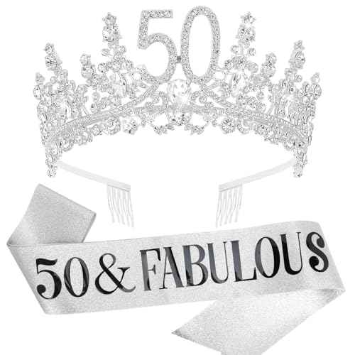 TOBATOBA 50th Birthday Decorations - 50 & Fabulous Birthday Crown & Sash Set, Silver 50th Birthday Gifts for Her