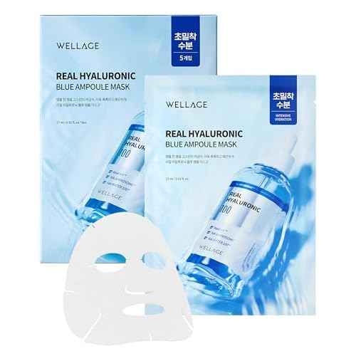 WELLAGE Real Hyaluronic Blue Ampoule Face Mask - Korean Hydratig Mask Moisture Boost with 10,000ppm Ultra-Low Molecular Hyaluronic Acid - Soft Vegan Cashmere Sheet for Sensitive Skin, 5 Sheets