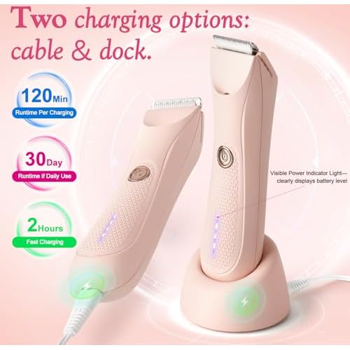 Riokko Bikini Trimmer for Women with LED Light and IPX7 Waterproof Dual Charging, Skin-Safe Cordless Pubic Hair Shaver with Battery Indicator