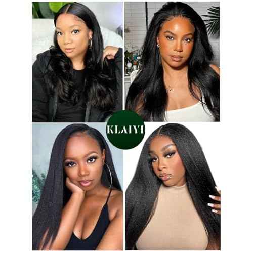 KLAIYI Yaki Straight Bundles Human Hair Weaves Unprocessed Real Virgin Hair Sew In Extensions One Bundle Of 20Inch, 12A Kinky Straight Double Wefts for Women Cllip In Light Yaki Natural Black Color