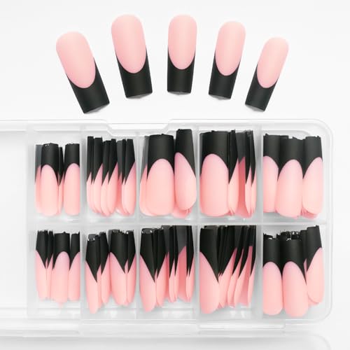 Bellelfin 120Pcs Long French Tip Press on Nails Square Black Fake Nails French Tip, Full Cover Matte Glue on False Nails Nude Acrylic Nails Press on for Women Girls Artificial Fingernails