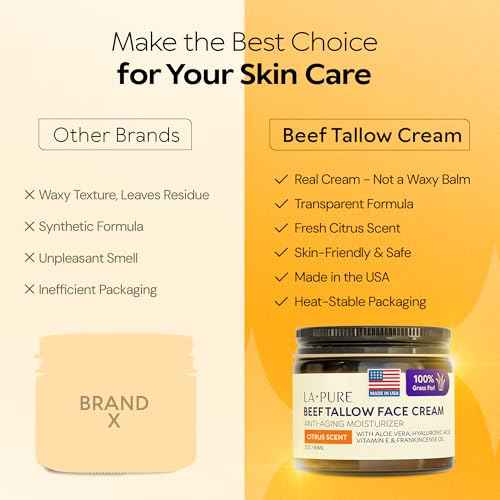 LA PURE Beef Tallow for Skin, Grass-Fed Tallow Face Cream with Aloe Vera, Hyaluronic Acid, Frankincense & Vitamin E to Hydrate, Firm, and Smooth Skin, Non-Greasy Moisturizer, Citrus Scent, 2 oz