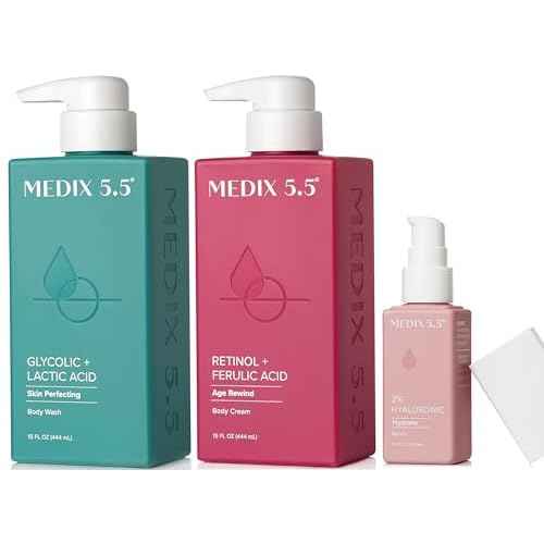 Medix 5.5 Anti Aging Skin Care 3PC Set | Retinol Body Cream + Exfoliating AHA Glycolic Acid Foaming Face Wash & Body Wash + Hyaluronic Acid Serum Booster, Cleanse + Treat + Hydrate Skincare Set, 3PC