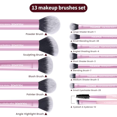 MAANGE 13 PCS Makeup Brushes Professional Make Up Brushes Premium Synthetic Powder Concealers Brushes Travel Makeup Brush Set with Case (Pink)