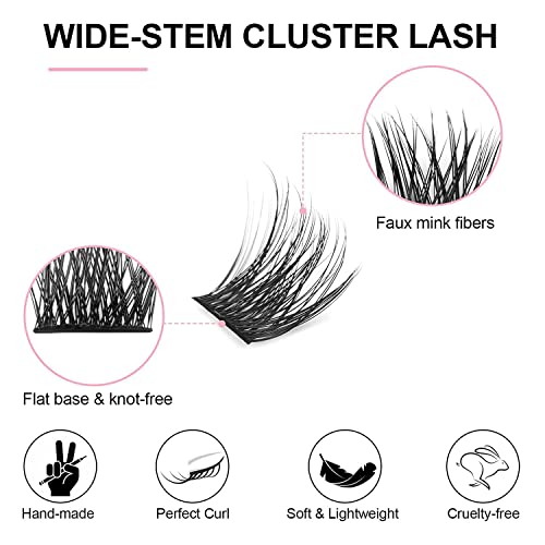 KISSXIAOYA Cluster Lashes Extensions, 144Pcs Individual Cluster Lashes D Curl 14mm, Wide Stem Cluster Eyelashes Soft Natural False Eyelashes Cluster DIY Eyelash Extension At Home (144pcs, 13mm)