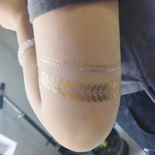 Aresvns Waterproof Metallic Temporary Tattoo,Gold Boho Snake Flash Jewelry Tattoos, 8 Sheets Gold Silver Fake Tattoos for Women Teen Girls