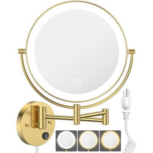Benbilry 9" Large Wall Mounted Lighted Makeup Mirror, 1X/10X Magnifying 2-Sided AC Plug-in Powered Bathroom Mirror with 3 Color Lights, Touch Dimmable, Extended Arm 360¡Æ Rotation, ¡¼Gold¡½