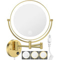 Benbilry 9" Large Wall Mounted Lighted Makeup Mirror, 1X/10X Magnifying 2-Sided AC Plug-in Powered Bathroom Mirror with 3 Color Lights, Touch Dimmable, Extended Arm 360¡Æ Rotation, ¡¼Gold¡½