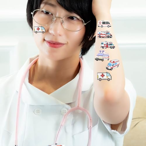 296 Pcs Ambulance Car Temporary Tattoos for Kids - Emergency Vehicle Medical Hospital Doctor Nurse Themed Party Supplies Goodie Bag Stuffers Favors Prize Stickers(24 Sheets)