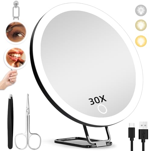 JJhxr Black 30X Magnifying Lighted Handheld Makeup Mirror - 6 Inch