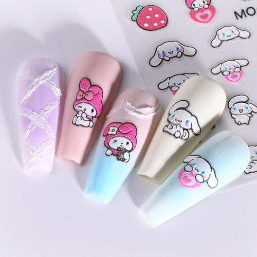 4 Sheets 5D Anime Cartoon Nail Stickers Cute Nail Art Stickers - Relief Flowers Rabbit Clouds Camellia Butterfly Wishing Bottle Nail Decals for Press on Nails Self Adhesive Decorations