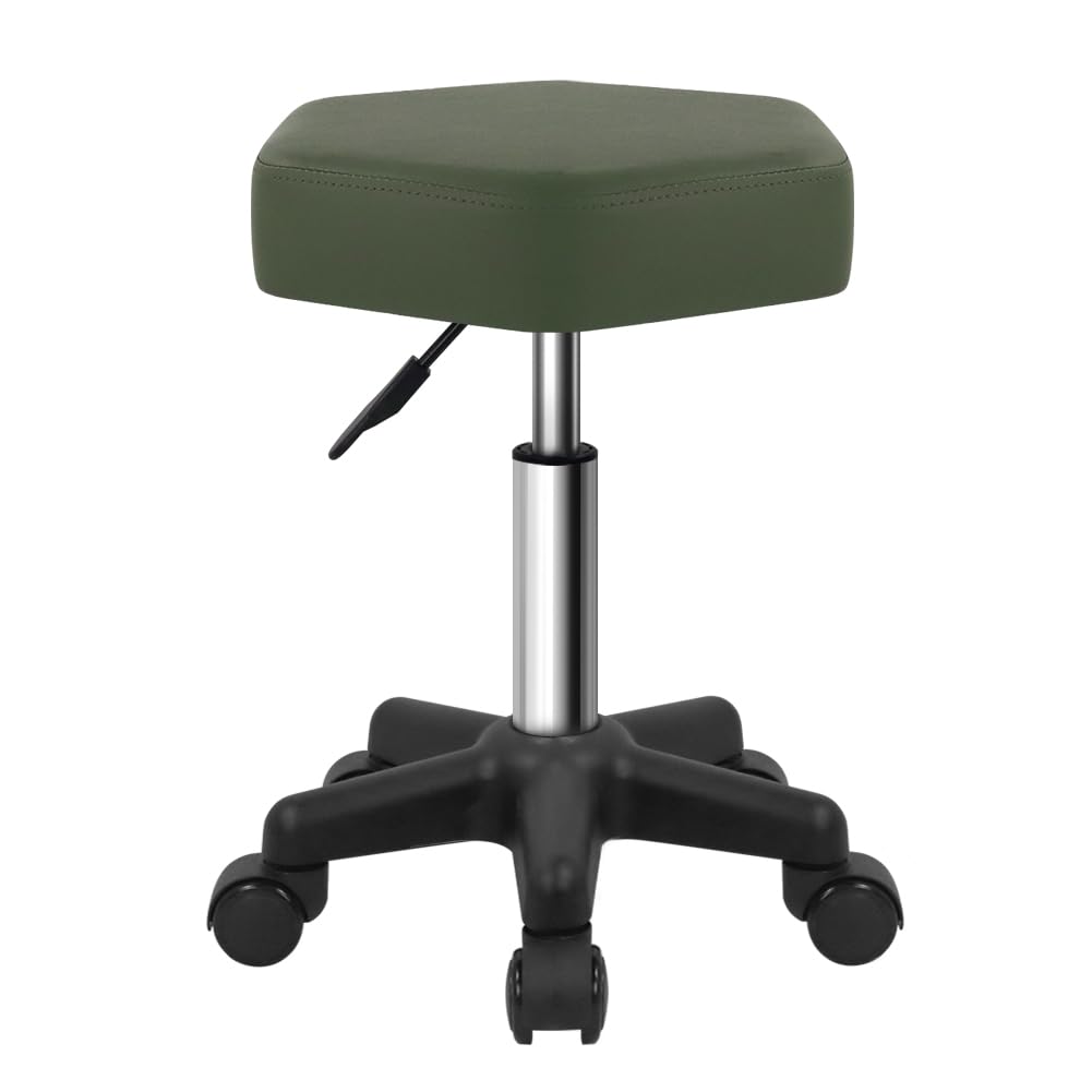 FURWOO Hexagon Rolling Stool Height Adjustable Stool with Wheels for Spa Salon Massage Green